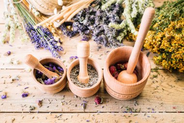 Bitki kuru, lavanta ve harç, iş parçası, koku, ahşap ot kuru, lavanta ve harç, iş parçası, koku, ahşap masa