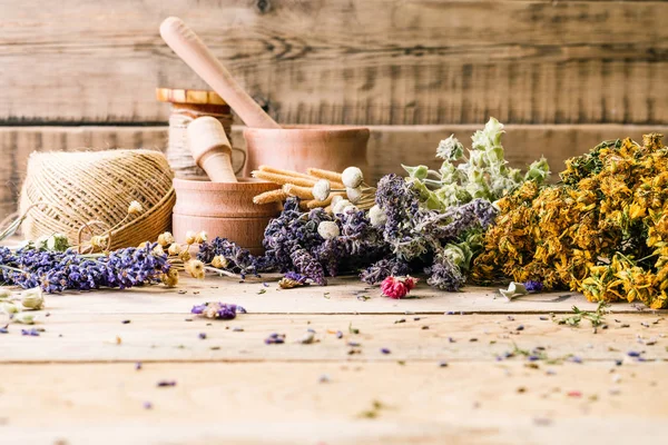 Herb Dry Lavender Mortar Workpiece Fragrance Wooden Herb Dry Lavender — Stock Photo, Image