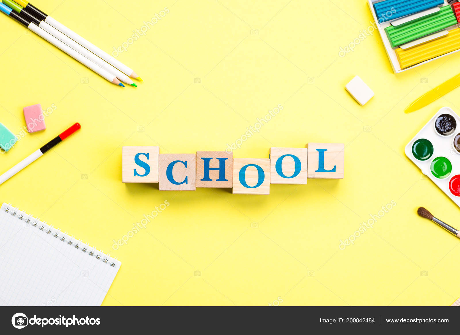 concept back school color pencil notebook stationery yellow school background design