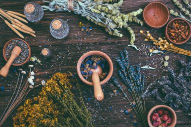 Yabani otlar şifalı alternatif tedavi ahşap arka plan Vintage kırsal ülke stil farklı toplanması