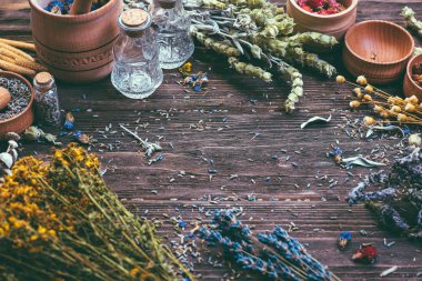 Yabani otlar şifalı alternatif tedavi ahşap arka plan Vintage kırsal ülke stil farklı toplanması