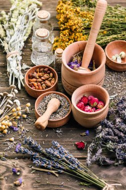 Yabani otlar şifalı alternatif tedavi ahşap arka plan Vintage kırsal ülke stil farklı toplanması