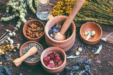 Kadın el grup alternatif şifalı otlar ahşap arka plan Vintage ülke stil Stump, Lirası