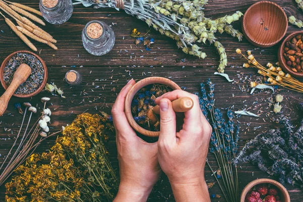 Kadın el grup alternatif şifalı otlar ahşap arka plan Vintage ülke stil Stump, Lirası