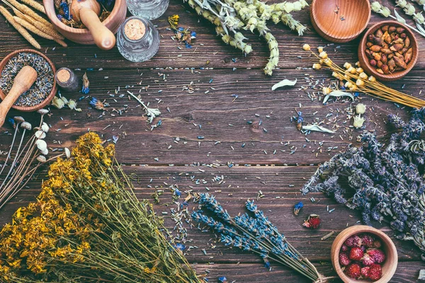 Wild Herbs Different Gathering Medicinal Alternative Treatment Wooden Background Vintage — Stock Photo, Image