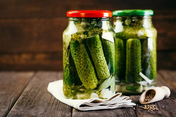 Canned Cucumbers Jar Wooden Background Harvesting Vegetables Pickles — Stock Photo, Image