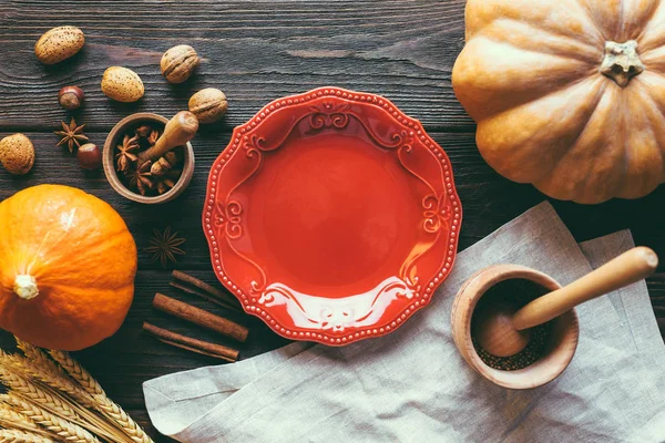 Red Plate Wooden Background Pumpkin Nuts Badian Cinnamon — Stock Photo, Image