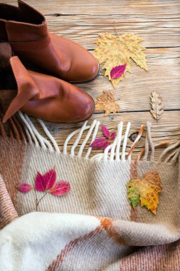 Kırmızı bot ve yünlü ekose, ahşap antika arka plan, Altın Sonbahar