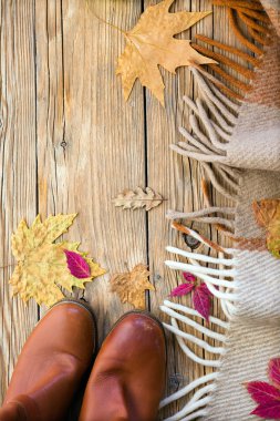 Kırmızı bot ve yünlü ekose, ahşap antika arka plan, Altın Sonbahar