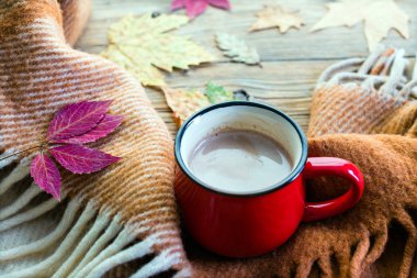 kakao, kırmızı kupa, ekose ve düşmüş yaprak, Sonbahar ruh hali, rahat, sıcak çikolata