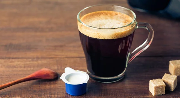 Koffie Een Houten Achtergrond Bovenaanzicht Lange Banner — Stockfoto