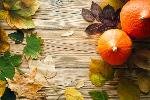 Autumn Leaves Wood Background Frame Copy Space — Stok Foto