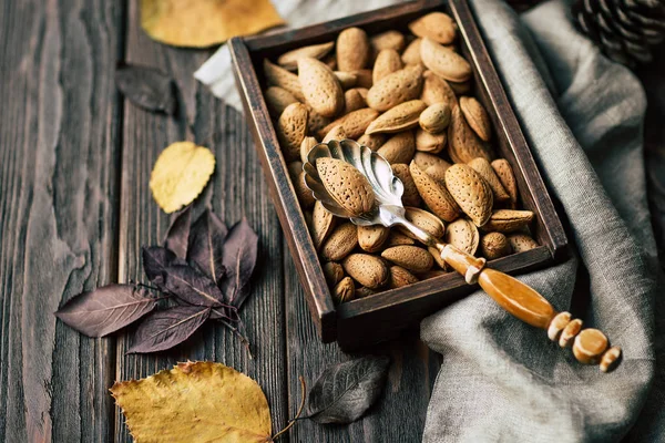 Almendras Nueces Concha Una Caja Sobre Fondo Madera Bodegón Otoño —  Fotos de Stock