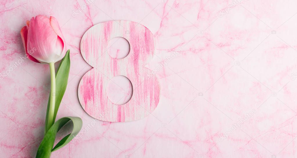 Women's day, number 8, pink marble background, banner, copy place