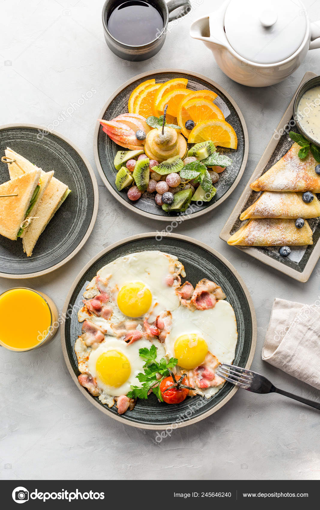 Breakfast Scrambled Eggs Fruit Pancakes Orange Juice Tea Sandwiches Stock Photo Image By C Yakovlevadaria