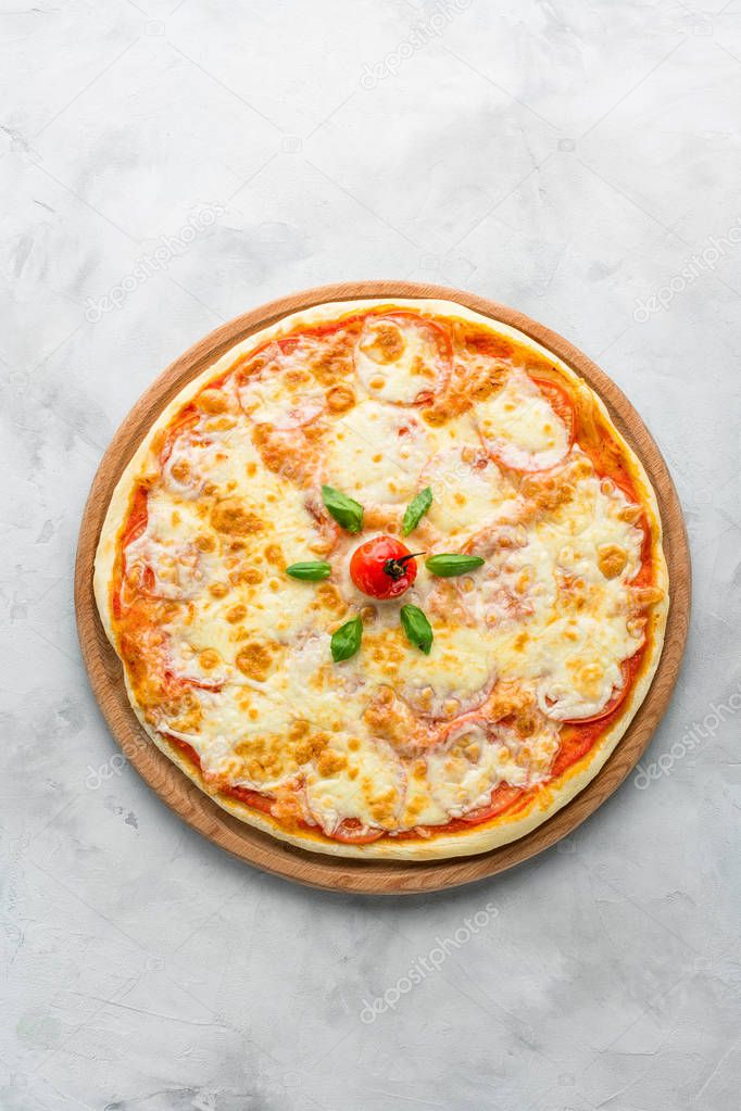 pizza, gray stone background, top view, vertical shot, restaurant menu, Italian cuisine