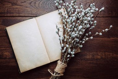 Retro arka plan, eski kitap ve ahşap bir masa söğüt dallarında