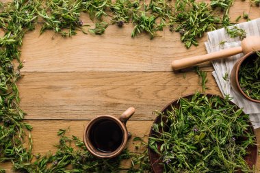 Otlar hazırlanması, ahşap bir arka plan üzerinde taze kekik, alternatif tıp