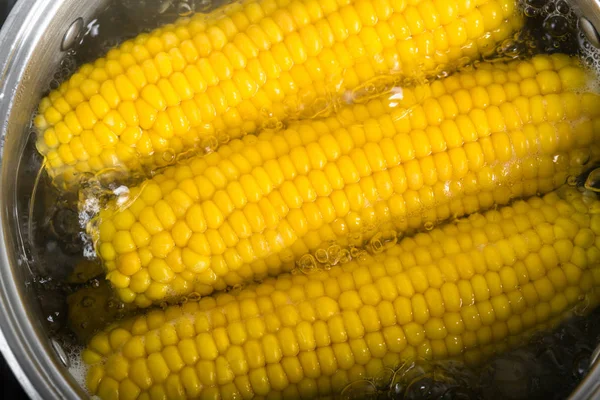 Boiled Corn Cob Saucepan Boiling Water Close — Stock Photo, Image