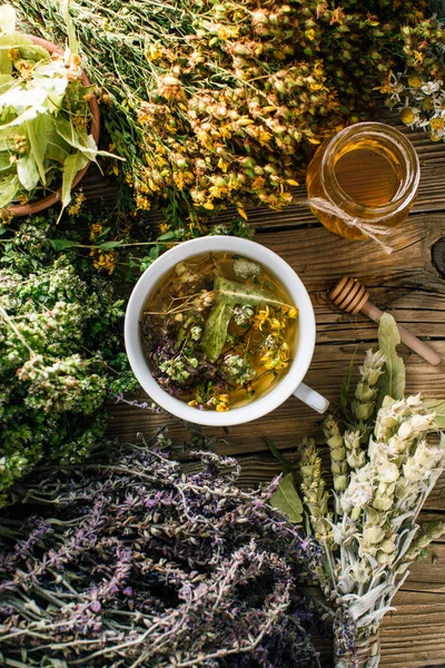 Flower Honey Glass Jar Harvesting Wild Medicinal Herbs — Stock Photo, Image