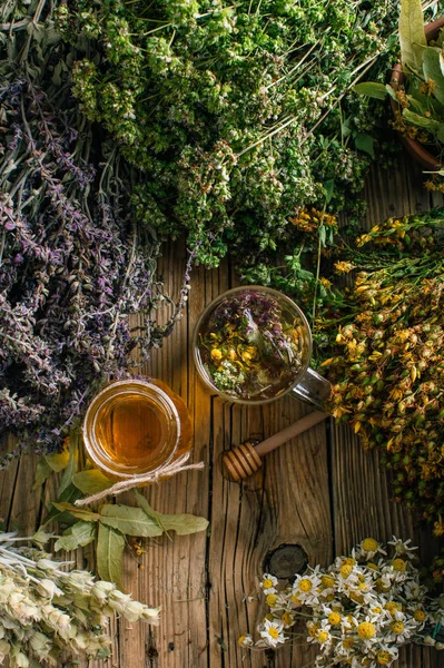 Flower Honey Glass Jar Harvesting Wild Medicinal Herbs — Stock Photo, Image