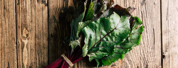 Foglie Barbabietola Fresca Sfondo Legno Lungo Banner — Foto Stock