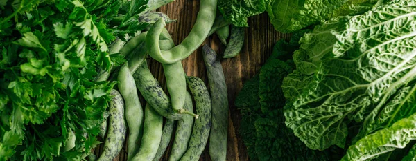 Verduras Verdes Frijoles Perejil Fondo Alimenticio Pancarta Larga —  Fotos de Stock