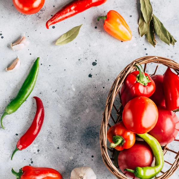 stock image Frame of food, vegetables on a stone background, tomatoes, peppers, garlic