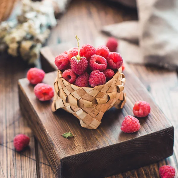 Fresh Raspberries Basket Wooden Background Toned Rustic Style — Stock Photo, Image