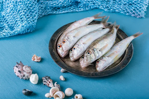 Fresh Catch Red Mullet Blue Background Black Sea Fish Sultanka — Stock Photo, Image