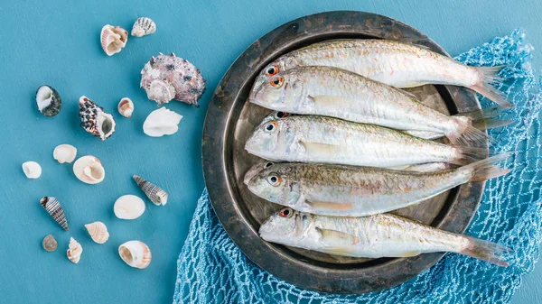 Färsk Fångst Röd Mulle Blå Bakgrund Svarta Havet Fisk Sultanka — Stockfoto