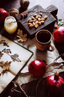 Kış konsepti Eski bir kitap, çay, nar ve fındık.