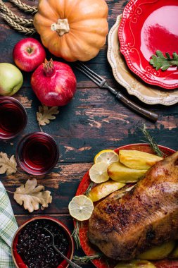 Turkey. Wine. Autumn vegetables and fruits. Thanksgiving Day clipart