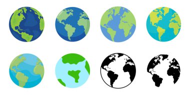 Dünya ikonu. Kıtaları olan yarımküreler. Çeşitli türde vektör dünya haritaları koleksiyonu.
