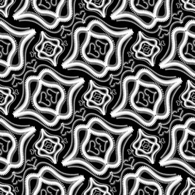 Dikişsiz desen vektör soyut klasik siyah ve beyaz. Süs etnik tarzı tek renkli arka plan. Sevgi kalpleri, şekiller, çizgiler, kıvrımlar, çiçekler ile çiçek dantel süsler. İzole