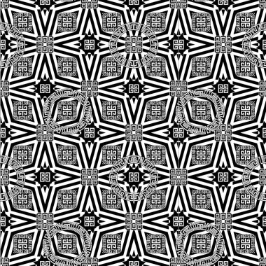 Süs geometrik Yunan vektör seamless modeli. Siyah beyaz tek renkli modern arka plan. Geometrik şekiller, Yunan anahtar, Menderes, daireler, kareler, çizgili, rhombus. Geometri tasarım