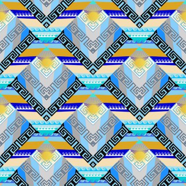 Yunan Deniz seamless modeli. Geometrik deniz çizgili arka plan. Modern döşenmiş sulu güneşli süsleme Geometri şekilleri, çizgili, dalgalar, Güneş, rhombus, Yunan anahtar, Menderes. Modaya uygun bir tasarım