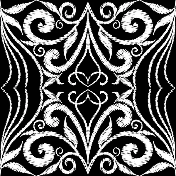 タペストリー花ヴィンテージ シームレス パターン 黒と白のモノクロの抽象的な背景 手描きの装飾的な刺繍の花は 渦巻き模様の直線 ストライプ 刺繍のグランジ テクスチャ — ストックベクタ