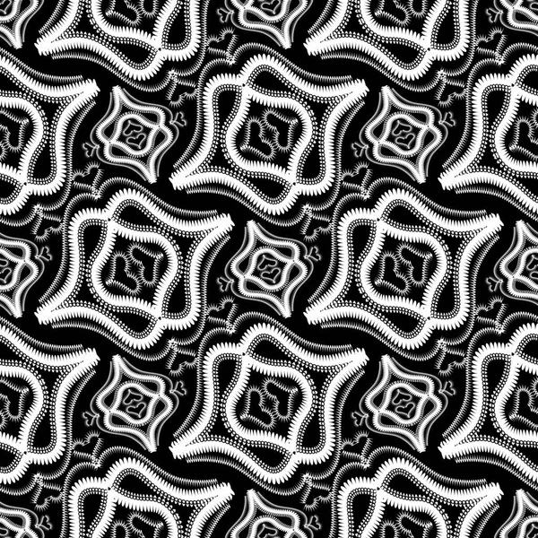 Dikişsiz desen vektör soyut klasik siyah ve beyaz. Süs etnik tarzı tek renkli arka plan. Sevgi kalpleri, şekiller, çizgiler, kıvrımlar, çiçekler ile çiçek dantel süsler. İzole