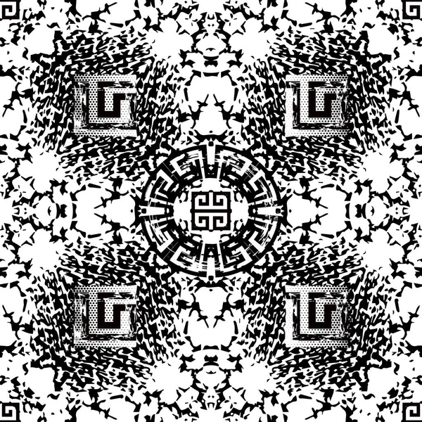 黒と白のグランジ幾何学的なギリシャ シームレス パターン 抽象的な汚れた創造的な背景 スプラッシュ 幾何学的図形 正方形 スパイラル ハーフトーン ドット — ストックベクタ