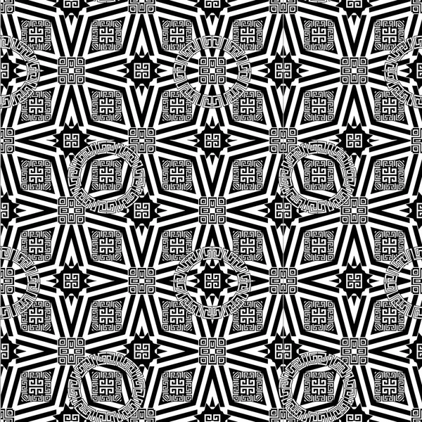 Decoratieve Geometrische Griekse Vector Naadloze Patroon Abstracte Zwarte Witte Monochrome — Stockvector