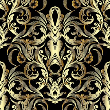 Süslü altın 3d Barok seamless modeli. Vintage antik süs siyah altın arka plan. Yüzey Viktorya tarzı damasko süsler tekrarladı. Duvar kağıtları, kumaş, perde için lüks tasarım,