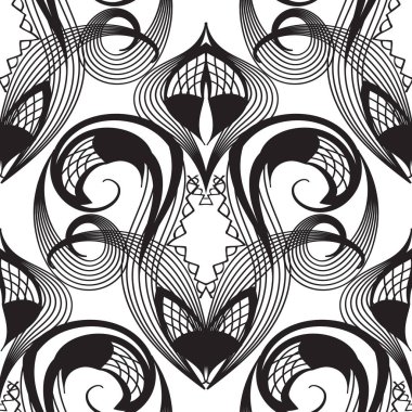 Damasko dantel siyah beyaz vektör seamless modeli. Tek renkli süs arka plan. Vintage süslü elle çizilmiş hat sanat oyma süsleme, çizgili, çizgiler, kılavuz, örgü, dantel, swirls, eğriler