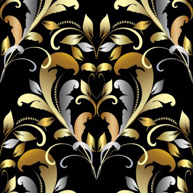Vintage Altın Gümüş damasko seamless modeli. Çiçek barok tarzı süs arka plan. Yapraklı zarif süsler. Dekoratif antika çiçekler, yapraklar, noktalar, swirls, satırları. Lüks sonsuz vektör tasarımı.