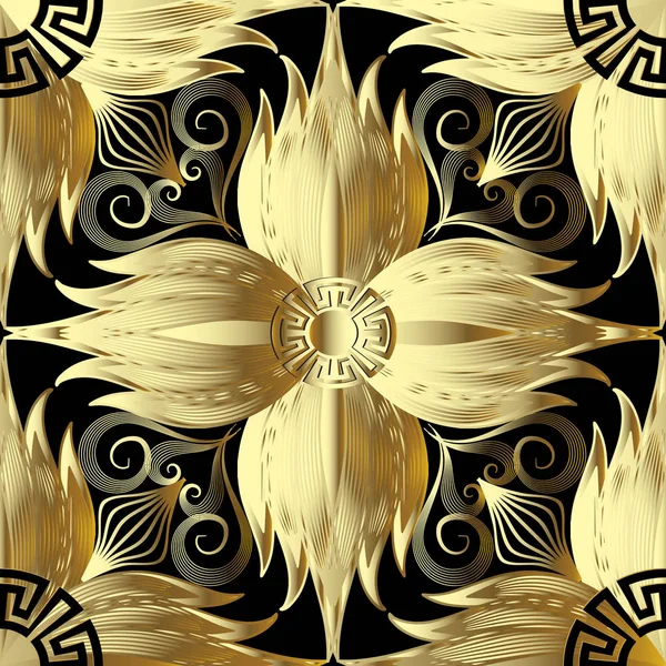 ゴールドの の花のシームレスなパターン 抽象的な花の背景のベクトルギリシャのキーは 飾りを通り抜けていきます 幾何学的図形要素と黄金の装飾的なデザイン ギリシャのマンダラ 反復テクスチャ — ストックベクタ