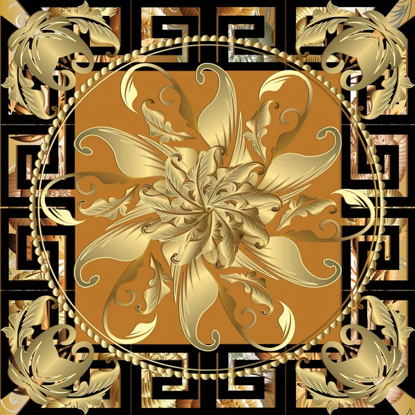 Panneau Baroque Vintage Floral Tracery Décoratif Rond Mandala Clé Grecque — Image vectorielle