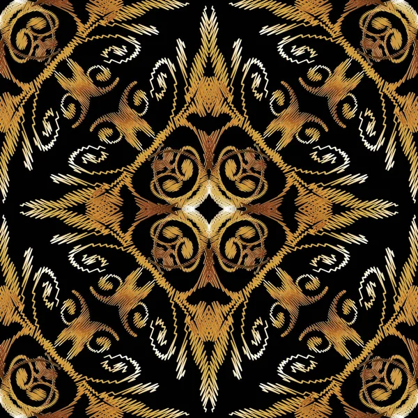 Stickerei Gold Vektor Nahtlose Muster Farbenfroher Floraler Grunge Hintergrund Tapete — Stockvektor
