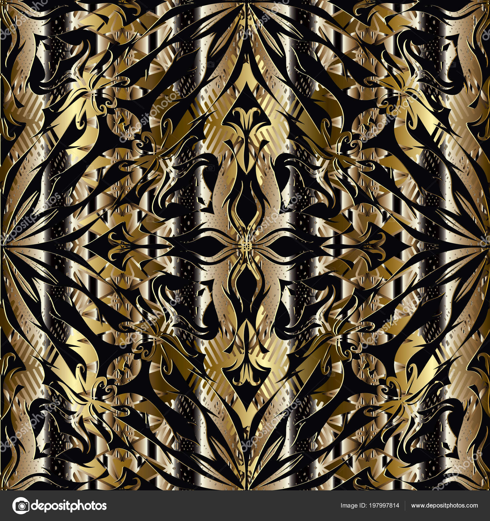 3D Abstract Floral Gold Black Seamless Pattern Striped Ornamental Vintage 3D Abstract Floral Gold Black Seamless Pattern Striped Ornamental Vintage