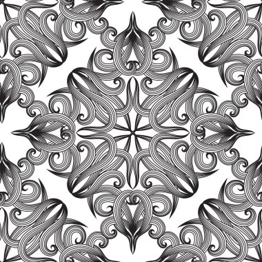 Damasko siyah beyaz vektör seamless modeli. Antika Antika desenli çiçek arka plan. Barok süsler Victoria tarzı içinde. Yinelenen tasarım izole. Dekoratif eski çiçekler, yapraklar, kayar.