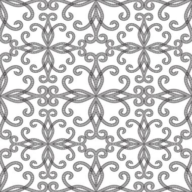 Siyah ve beyaz vintage süs seamless modeli. Vektör arka plan çiçek desenli. Çizilmiş dokulu dantel çiçek, çizgiler, kıvrımlar, yaprak ver. Tek renkli tasarımı için yazdırma kumaş,